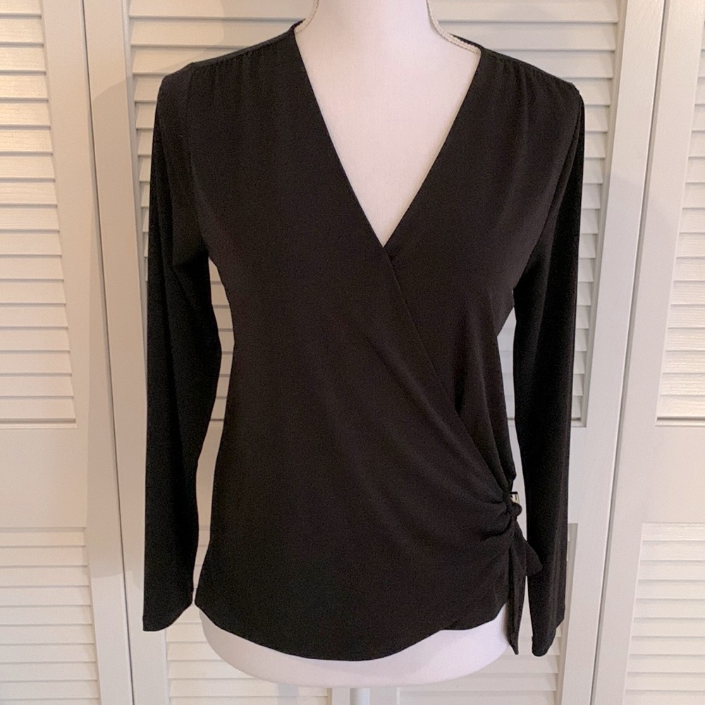Michael Kors Black Jersey V-Neck Long Sleeve Top Women’s Side Gathered Size S